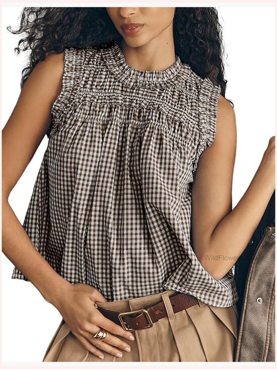 Tops - Babydoll Sleeveless Peplum Plaid Blouse Cotton Summer Top